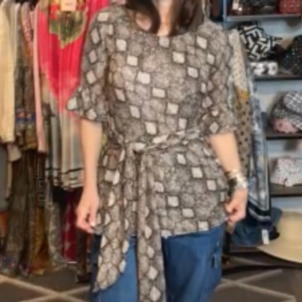 ShopEvelynne brown geometric pattern top with tie belr